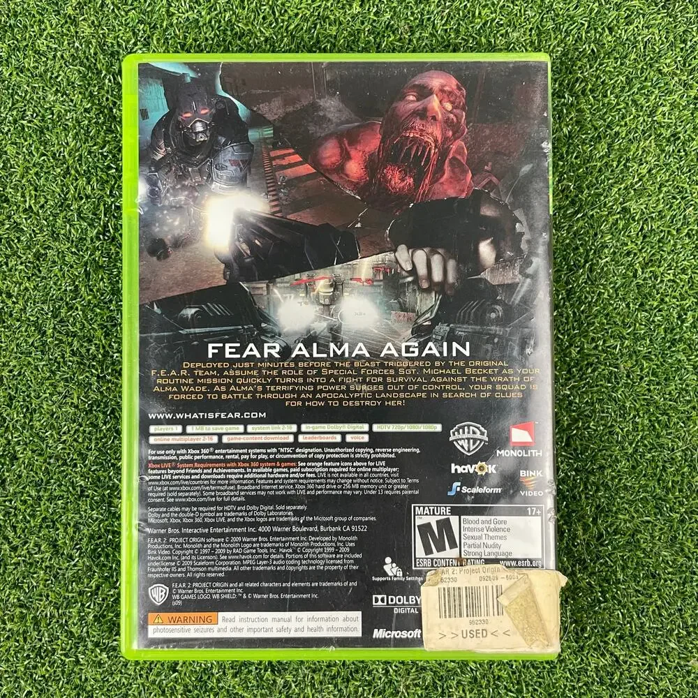 F.E.A.R. 2: Project Origin Microsoft Xbox 360 Horror Game no Manual